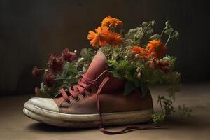 , Old boot with meadow spring flowers, handmade shoe planter. Environmental activism concept photo