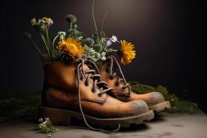 , Old boot with meadow spring flowers, handmade shoe planter. Environmental activism concept photo