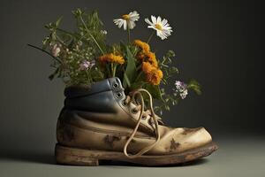 , Old boot with meadow spring flowers, handmade shoe planter. Environmental activism concept photo