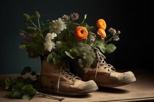 , Old boot with meadow spring flowers, handmade shoe planter. Environmental activism concept photo