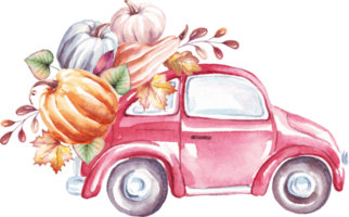 Car with pumpkins. Watercolor clipart png