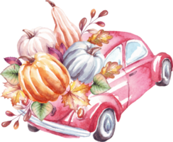 Car with pumpkins. Watercolor clipart png