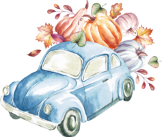 Car with pumpkins. Watercolor clipart png
