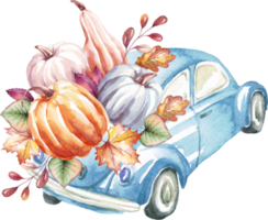 Car with pumpkins. Watercolor clipart png