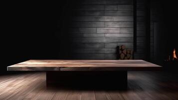 Dim wooden cleanse table for thing show with blurrd living room. Creative resource, photo
