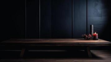 Dim wooden cleanse table for thing show with blurrd living room. Creative resource, photo