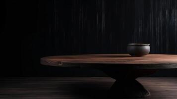 Dim wooden cleanse table for thing show with blurrd living room. Creative resource, photo
