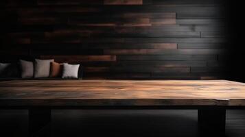 Dim wooden cleanse table for thing appear with blurrd living room. Creative resource, photo