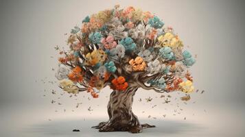 Human brain tree with makes, self care and mental prospering concept. Creative resource, photo