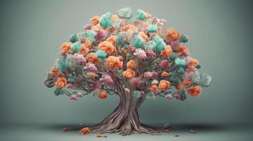Human brain tree with makes, self care and mental flourishing concept. Creative resource, photo
