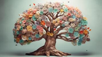 Human brain tree with makes, self care and mental prospering concept. Creative resource, photo
