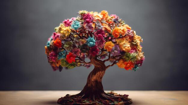 Human brain tree with makes, self care and mental succeeding concept. Creative resource, photo