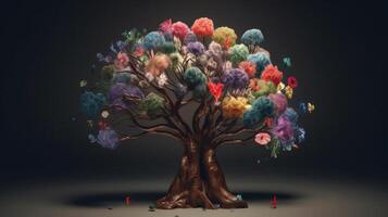Human brain tree with makes, self care and mental succeeding concept. Creative resource, photo