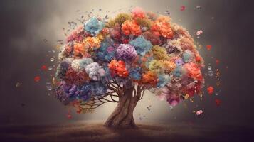 Human brain tree with makes, self care and mental flourishing concept. Creative resource, photo