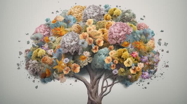 Human brain tree with makes, self care and mental succeeding concept. Creative resource, photo