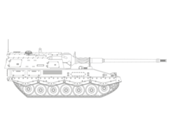 Self-propelled howitzer in line art. German 155 mm Panzerhaubitze 2000. Military armored vehicle. Detailed PNG illustration.