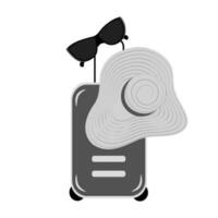 Set of travel suitcase with handle, wide brim hat and sunglasses on it in greyscale. Sticker. Icon vector