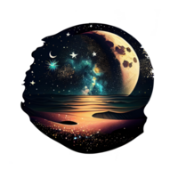 Moon and stars at night tess, landscape with palm trees, retro syntes color design, ocean wave . png