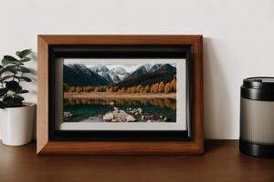 Photo frame on the wooden table. Blank wooden photo frame. Mock up.