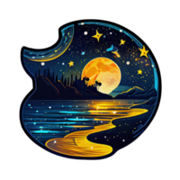 Moon and stars at night tess, landscape with palm trees, retro syntes color design, ocean wave . png