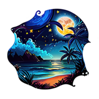 Moon and stars at night tess, landscape with palm trees, retro syntes color design, ocean wave . png