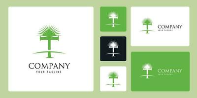 The Logo With The Theme Combination Of Palm Trees And The Letter T With Green Color Symbolizes Coolness. Suitable for use by Companies Engaged in Palm Oil, Lodging, Resorts, Beaches, and Others. vector