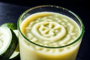 Cucumber smoothie in a glass on a black background. Green smoothie with lime and mint. Healthy food concept. photo