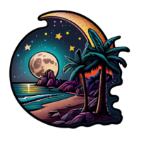 Luna y estrellas a noche tess, paisaje con palma árboles, retro sintetizadores color diseño, Oceano ola . ai generado png