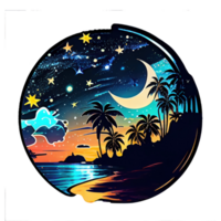 Moon and stars at night tess, landscape with palm trees, retro syntes color design, ocean wave . png