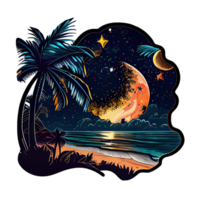 lua e estrelas às noite tess, panorama com Palma árvores, retro sintes cor projeto, oceano onda . ai gerado png
