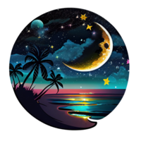 Moon and stars at night tess, landscape with palm trees, retro syntes color design, ocean wave . png