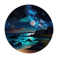 lua e estrelas às noite tess, panorama com Palma árvores, retro sintes cor projeto, oceano onda . ai gerado png