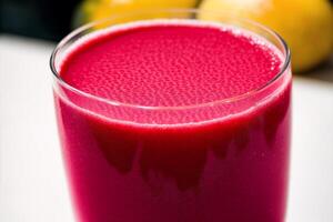 Fresh strawberry smoothie in a glass on a wooden table., closeup. Healthy food concept. photo