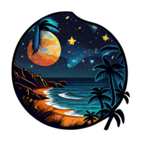 Luna e stelle a notte Tess, paesaggio con palma alberi, retrò syntes colore disegno, oceano onda . ai generato png