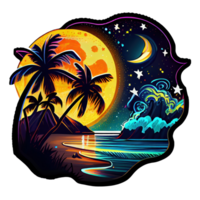 Mond und Sterne beim Nacht Tess, Landschaft mit Palme Bäume, retro Syntes Farbe Design, Ozean Welle . ai generiert png
