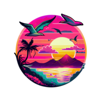 synthwave zonsondergang, landschap met palm bomen, retro Golf illustratie . ai gegenereerd png