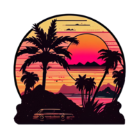 Synthwave Sonnenuntergang, Landschaft mit Palme Bäume, retro Welle Illustration . ai generiert png