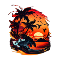 Synthwave sunset, landscape with palm trees, retro wave illustration . AI Generated png
