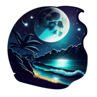lune et étoiles à nuit tess, paysage avec paume des arbres, rétro syntes Couleur conception, océan vague . ai généré png