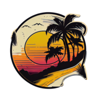 Synthwave sunset, landscape with palm trees, retro wave illustration . png