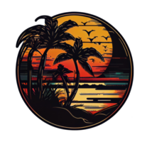 Synthwave sunset, landscape with palm trees, retro wave illustration . png