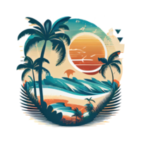 Synthwave sunset, landscape with palm trees, retro wave illustration . png