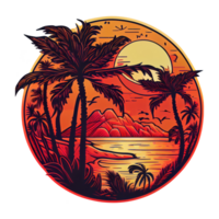 Synthwave sunset, landscape with palm trees, retro wave illustration . png