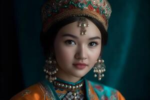 ai generado hermosa kazakh asiático mujer retrato en nacional traje. mujer con bebé foto