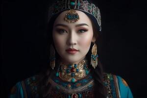 ai generado hermosa kazakh asiático mujer retrato en nacional traje. mujer con bebé foto