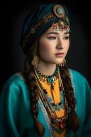 ai generado hermosa kazakh asiático mujer retrato en nacional traje. mujer con bebé foto