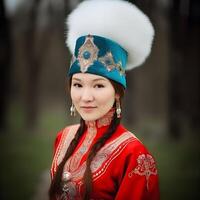 ai generado hermosa kazakh asiático mujer retrato en nacional traje. mujer con bebé foto