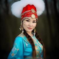 ai generado hermosa kazakh asiático mujer retrato en nacional traje. mujer con bebé foto