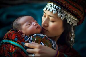 ai generado hermosa kazakh asiático mujer retrato en nacional traje. mujer con bebé foto