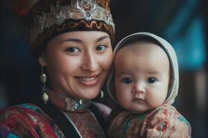 ai generado hermosa kazakh asiático mujer retrato en nacional traje. mujer con bebé foto